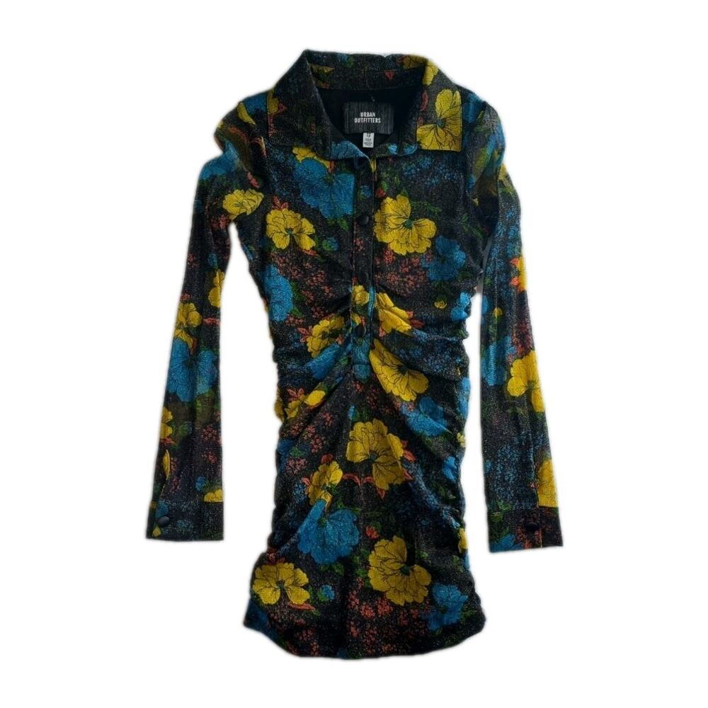 Urban Outfitters Floral Ruched Bodycon Dress XS Long Sleeve Dark Academia